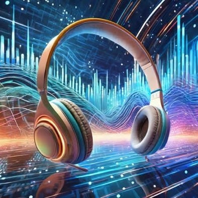 Music waves and a pair of headphones being used for AI assisted song writing
