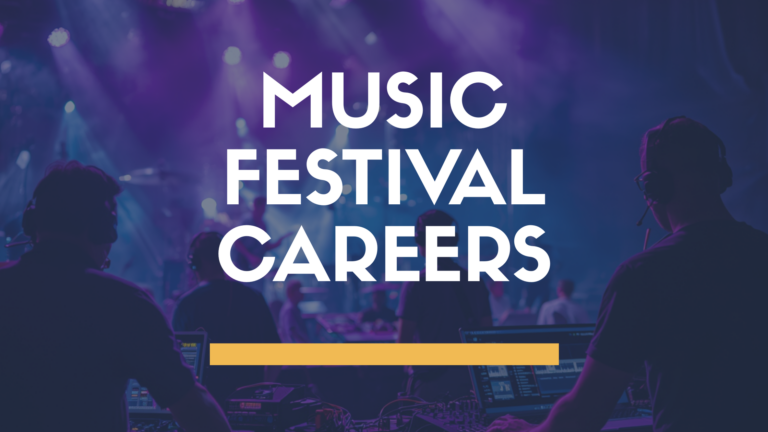live music festival production crew working behind the scenes during concert event