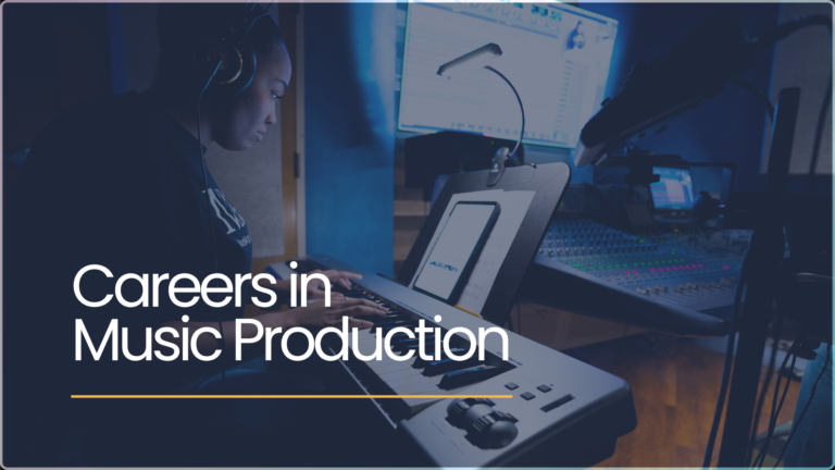 Careers in music production – student working in professional recording studio with keyboard and audio equipment