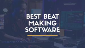 Music producer using beat making software with a MIDI keyboard and drum pad controller