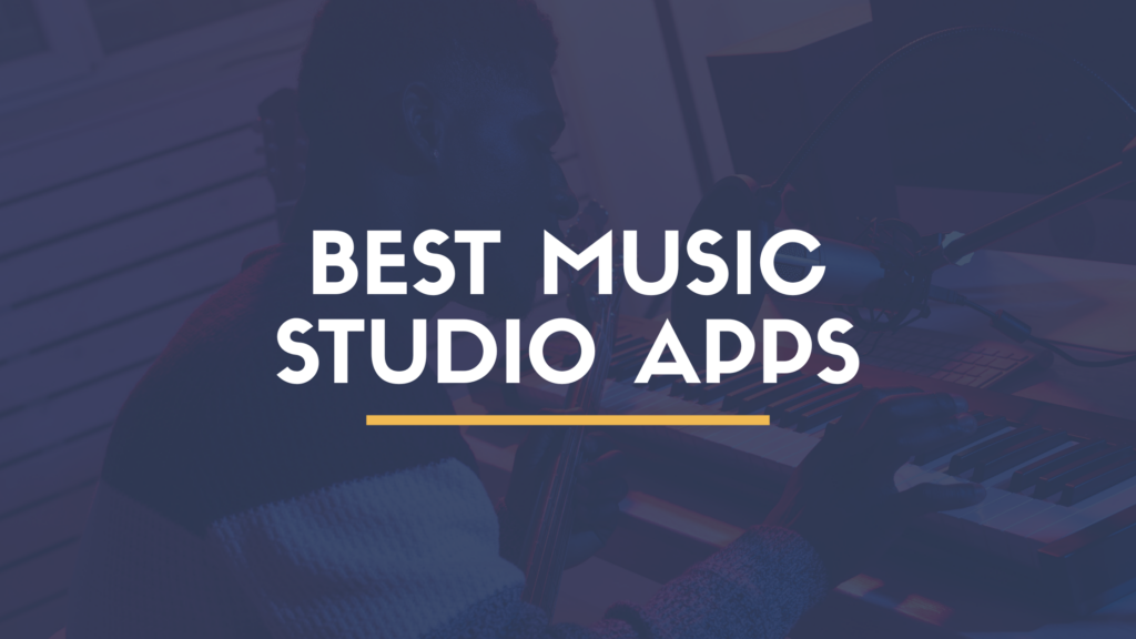 Producer using a music studio app on a tablet with a MIDI keyboard and microphone