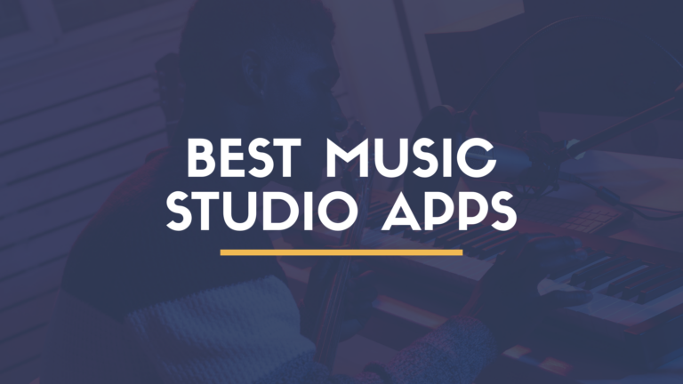 Producer using a music studio app on a tablet with a MIDI keyboard and microphone